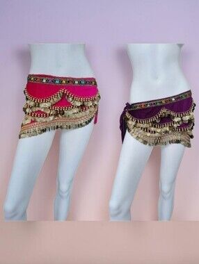 Bellylady set of 2 Belly dance skirt gold coin hip scarf with rhinestones